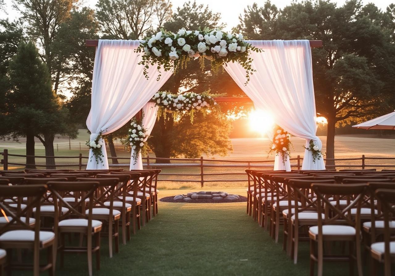 Outdoor wedding ceremony arch with white drapery and florals at golden hour