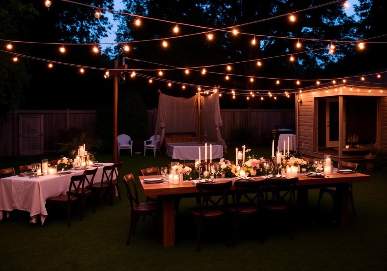 Backyard celebration with string lights and candlelit farm tables at dusk